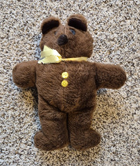 BROWN 10″ STUFFED BEAR with Yellow Ribbon & Buttons, Black Button Eyes & Nose