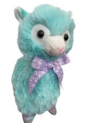 Tom’s Toys Ltd Aqua/Teal Llama Soft Plush 11″  Iridescent Feet & Purple Bow