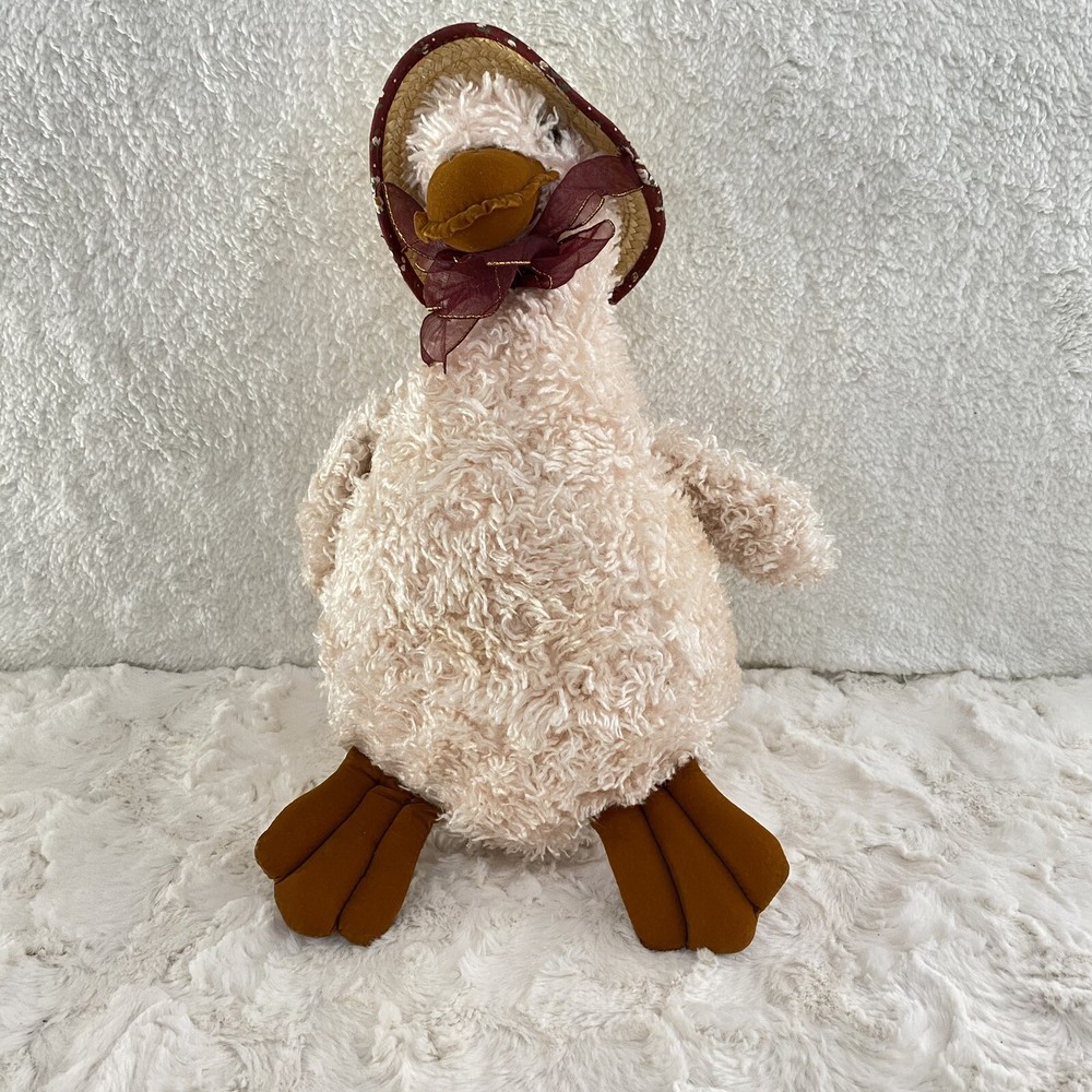 Vintage Plush Easter Duck 14” inch Pink W/Brown Legs Burgundy Trim Straw Hat