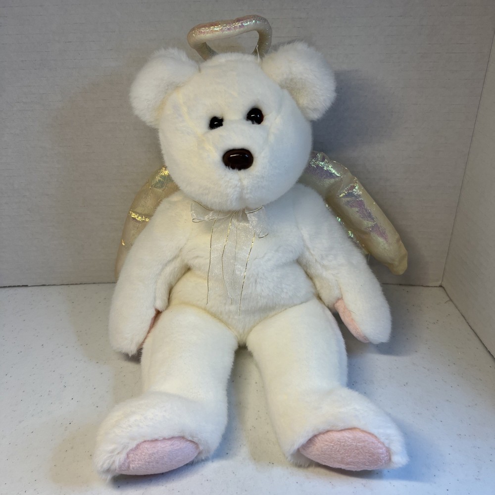 14” LARGE TY 1999 BEANIE BUDDIES HALO ANGEL WHITE BEAR STUFFED ANIMAL PLUSH TOY