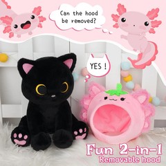 Cute Axolotl Plush Toy – 8 Kawaii Black Cat with Removable Strawberry Hood
