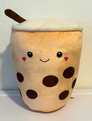 Boba Tea Cup Plushie Pillow, Beige/Brown/White/Pink, Washable Medium