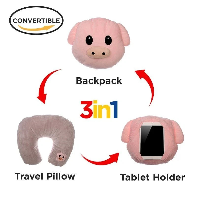 3-in-1 Piggy Emoji Pillow–Convertible Travel Pillow & iPad Holder Gift for Kids