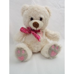 Plush White Teddy Bear With Pink Heart Ribbon & Embroidered Paws 12″