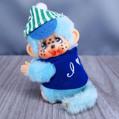 Vtg Blue Monchichi Clip On Monkey With I Love You Vest