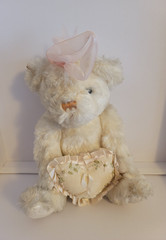 Bear Plush Embroidered Heart Beige Pink Bow Girl Stuffed Animal Soft 10″