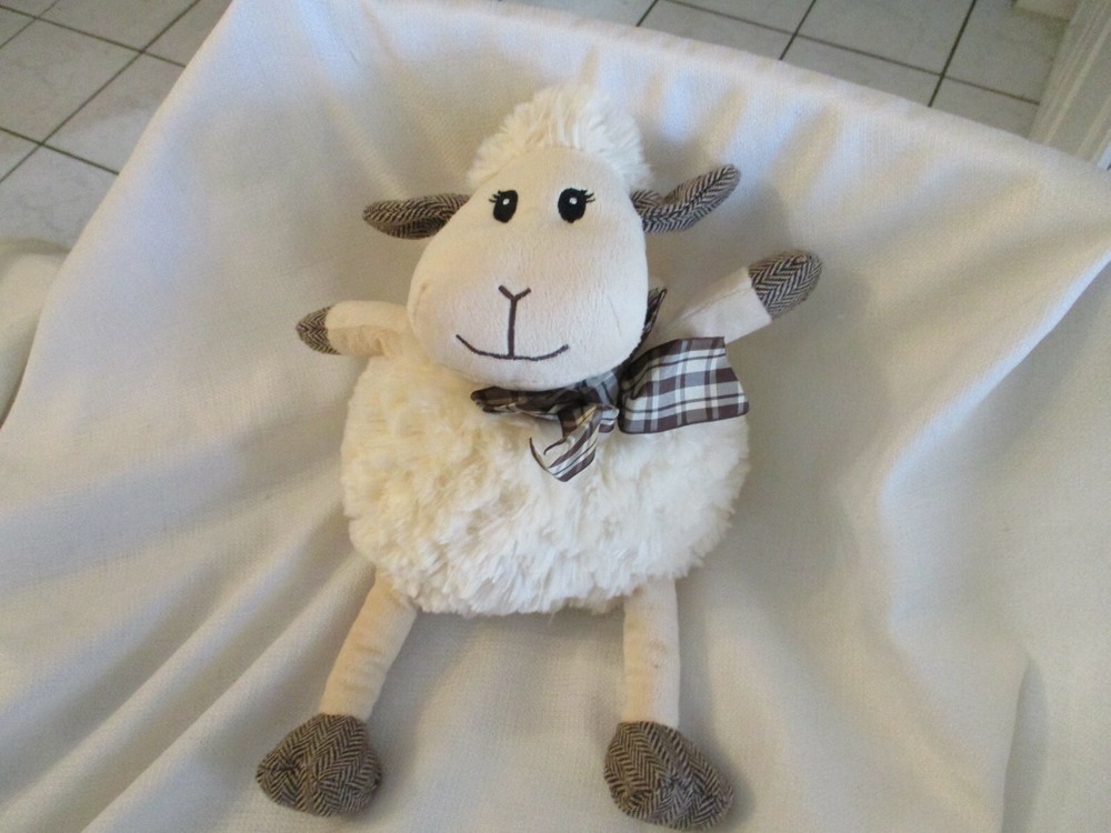 pier one 1 PLUSH LOVEY 15″ sheep cream lamb hattie herringbone plaid bow