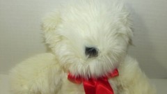 Plush Teddy Bear Beige Cream Red satin ribbon bow shaggy furry