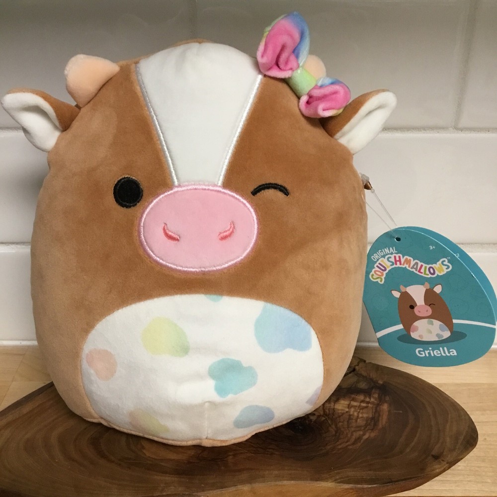 RARE Squishmallow 7.5” Griella Brown Cow Plush NWT Rainbow Bow Belly HTF Winking