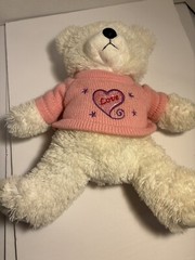 White Caltoy Bear with pink sweater embroidered love heart, 14 in”