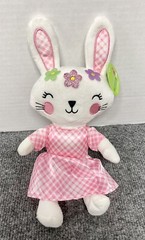 Happy Go Fluffy White Easter Bunny Rabbit Plush Stuffed Pink Satin Dress 11”