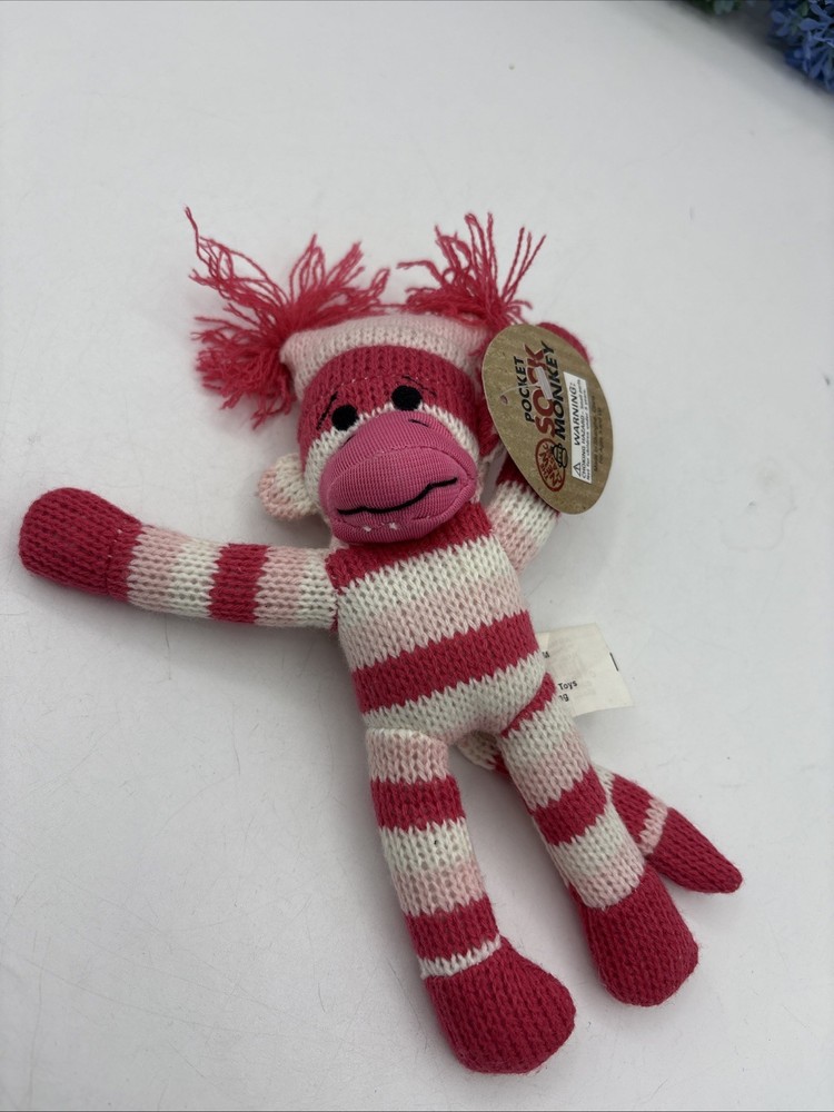 SOCK MONKEY Playmaker 2011 Plush Stuffed Animal Pink & White NWT 8”
