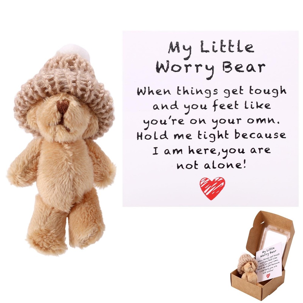 Mini Plush Worry Bear with a Hat, Handmade Positive Small Plush Bear in a Box wi