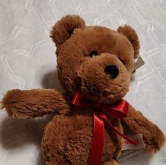 Aurora Teddy Bear Plush Brown 9.5in with Red Ribbon, Small Size, Ages 3-7 Years