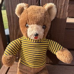 Vintage Elka Toys Brown Teddy Bear Plush 14”Yellow Black Striped Sweater Korea
