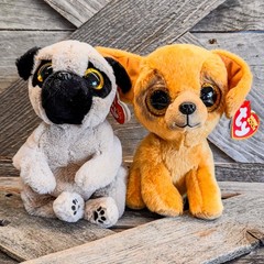 NWT-Pair of 2022 Dog TY Beanie Boos, Izzy the Pug Dog & Zuzu the Tan Dog, 6″