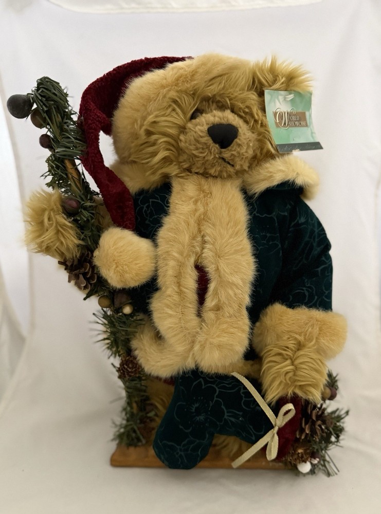 Vintage Dan Dee Plush Bear Christmas Wooden Stand World Showcase 16″ NOS