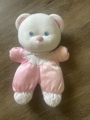 Vintage 1992 FISHER PRICE Plush White Pink Satin TEDDY BEAR Stuffed Animal Lovey