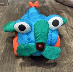 Vintage Blue Green Plush Toy Plane Battery Operated with Orange Wheels