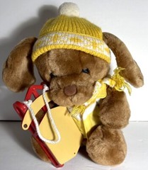 DAKIN 1987 Plush/Stuffed Brown Puppy/Dog With Yellow&White Scarf & Hat-Sleigh