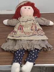 Stuffed handmade & hand painted face red yarn hair big 28″ doll sits country dre