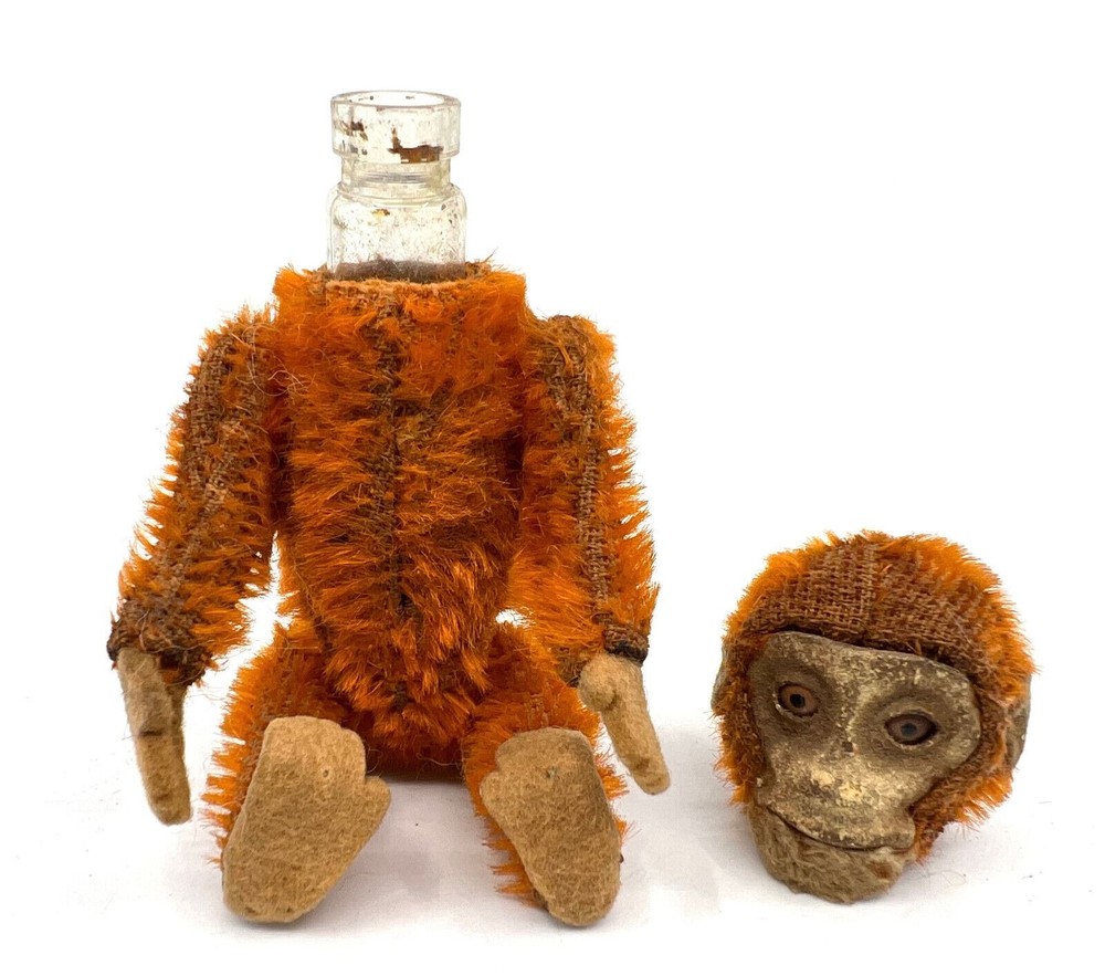 Schuco Monkey Perfume Holder c1930s Felt Orange Mohair Plush 5in 12cm Antique