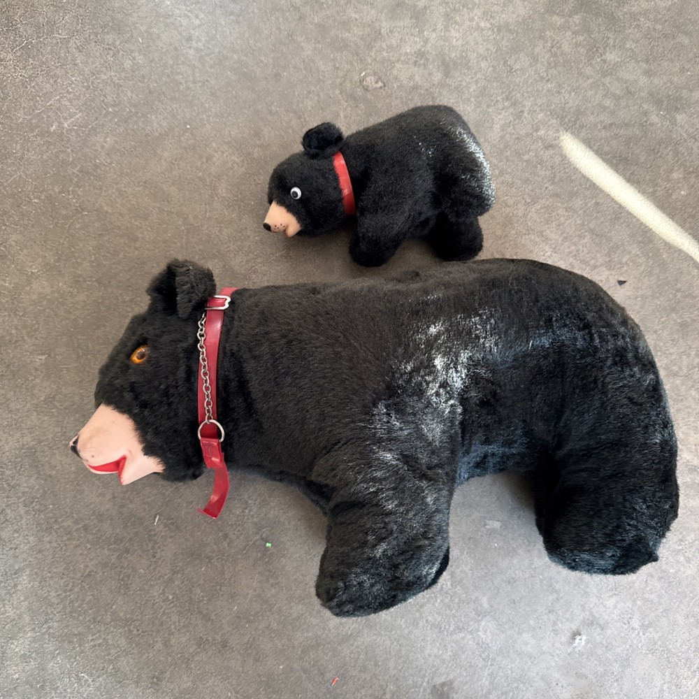 Vtg Circus Pair BLACK BEAR JAPAN Plush Glass Eyes Red Collar Straw Filled