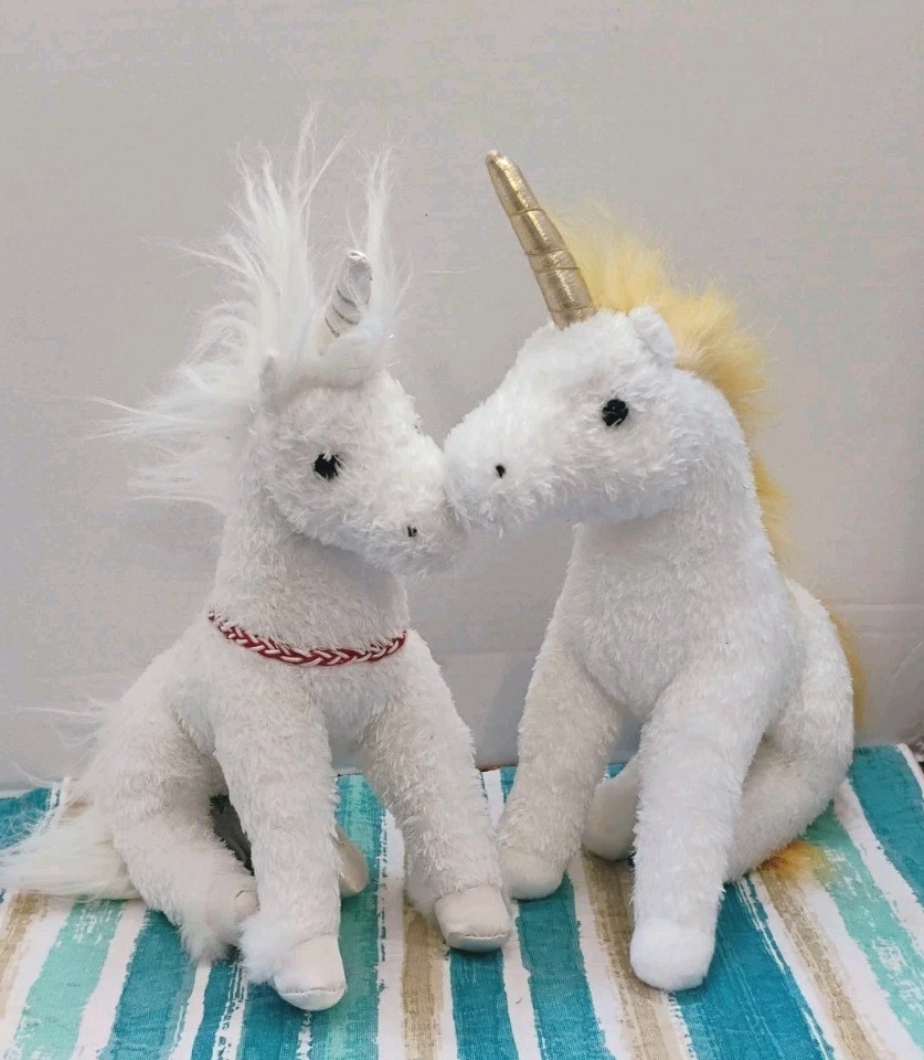 2 Douglas Cuddle Toy Unicorns Silver Sparkle & Gold/White Plush Stuffed Animals