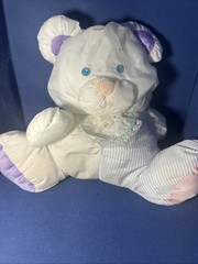 Puffalump Fisher Price 1991 VTG Teddy Bear Plush Rattle White Purple Stripes Bib