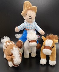 Prextex Stuffed Wild West Farm Cowboy Plush Toy Set Of 3 Horses & An 8” Farmer