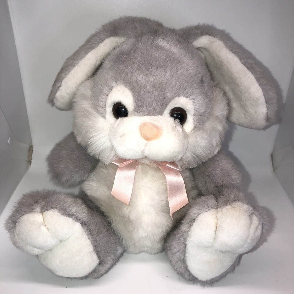 Vintage Lemonwood Asia 10” Bunny Plush Gray Pink Ribbon 1995 Easter Basket