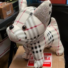 Leather, Stuffed Plush Dog, Plaid Print with Rhinestone Ears & Collar