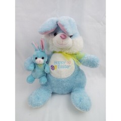 Large & Small Blue Plush Easter Bunnies With Yellow Bows & “HappyEaster” Embroid