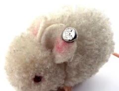 Steiff Woolen White Mouse 1960s ID Button Tag Wool Pom Poms Vintage