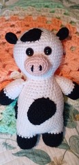 Adorable Crocheted Cow Stuffed Animal, 10″, Black White Pink Handmade