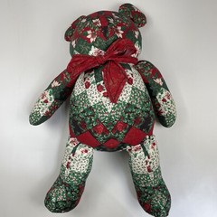 Patchwork Christmas Bear With Red Ribbon 23 inches Tall Vintage