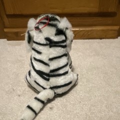 White Tiger Plush Stuffed Animal w/ Black Stripes & Red Ribbon, Small 6-14 in