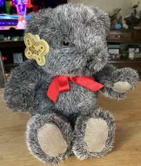 Russ Berrie Plush Tippy Teddy Bear Suede Paws Gray 8” Stuffed Red Satin Bow RARE