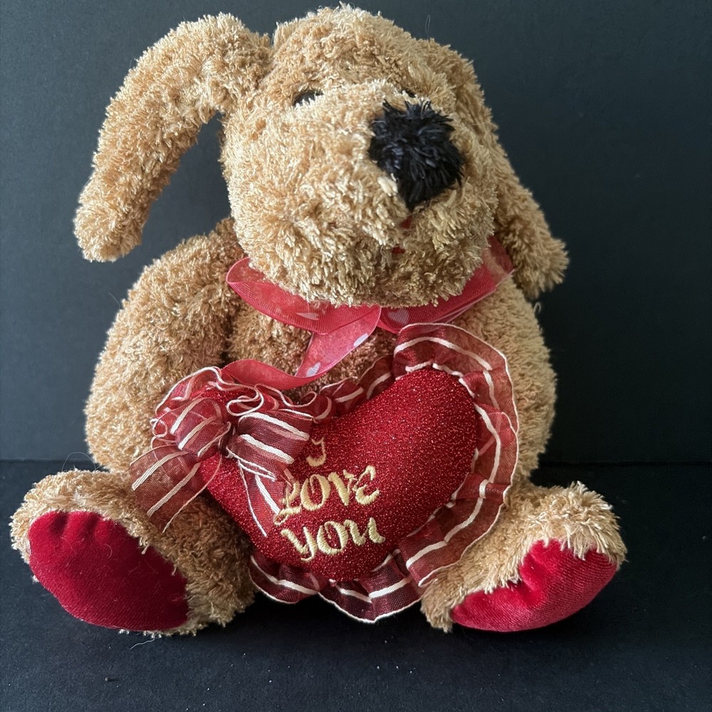 I Love You Brown Puppy Dog Plush Valentine’s Day Gift Red Heart 7”