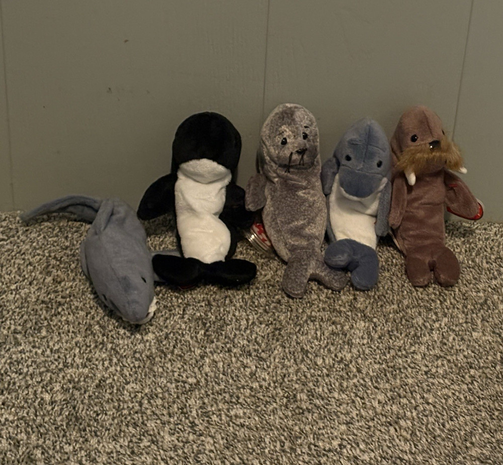 Lot of 5 Small Plush Stuffed Sea Animals Dolphin Penguin Seal Shark Walrus