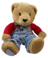 Vtg Blue Jean Teddy Bear Plush Stuffed Animal Rattle Toy Denim Overalls BJT Y2K