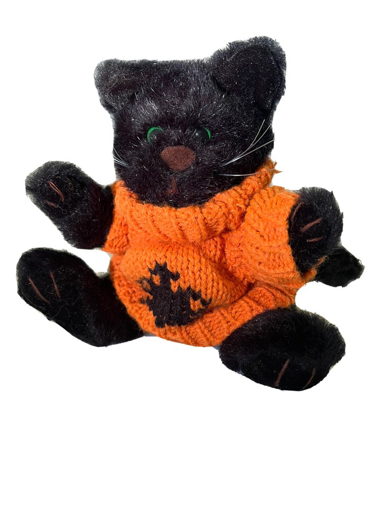 Halloween Plush Black cat green eyes orange spider sweater Jointed HTF Kolden