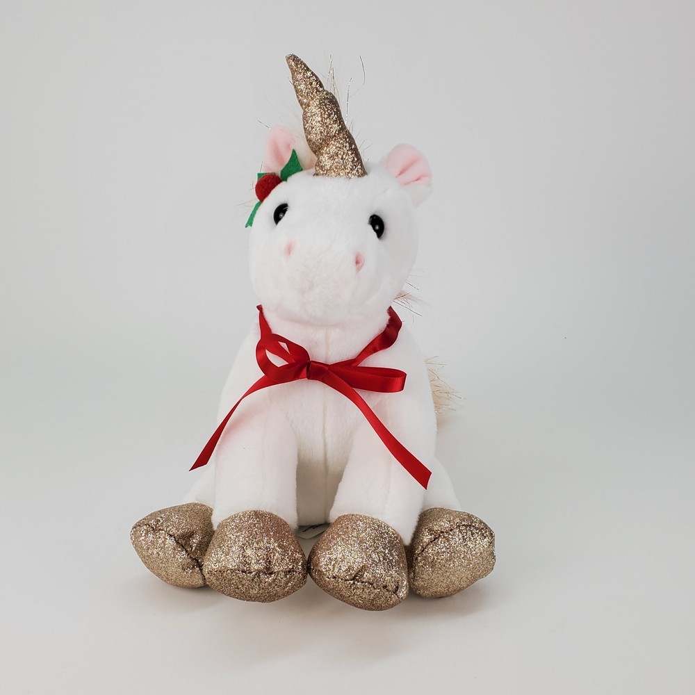 Frankford Christmas Unicorn Plush White Gold Glitter Horn Hooves Holly Red Bow