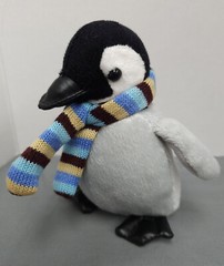 Gray Penguin Plush Vinyl Beak & Feet Striped Brown Blue & Beige Scarf 5.5″