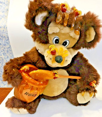 1989 ORZEK Honey Bear Plush Stuffed 15″ Vintage Bees Honey Bowl Brown Large
