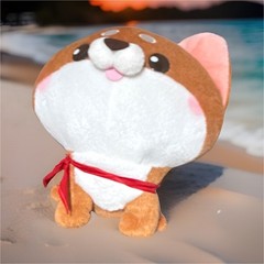 Small Brown White Dog Plush Stuffed Animal Toy with Red Ribbon Pink Accent
