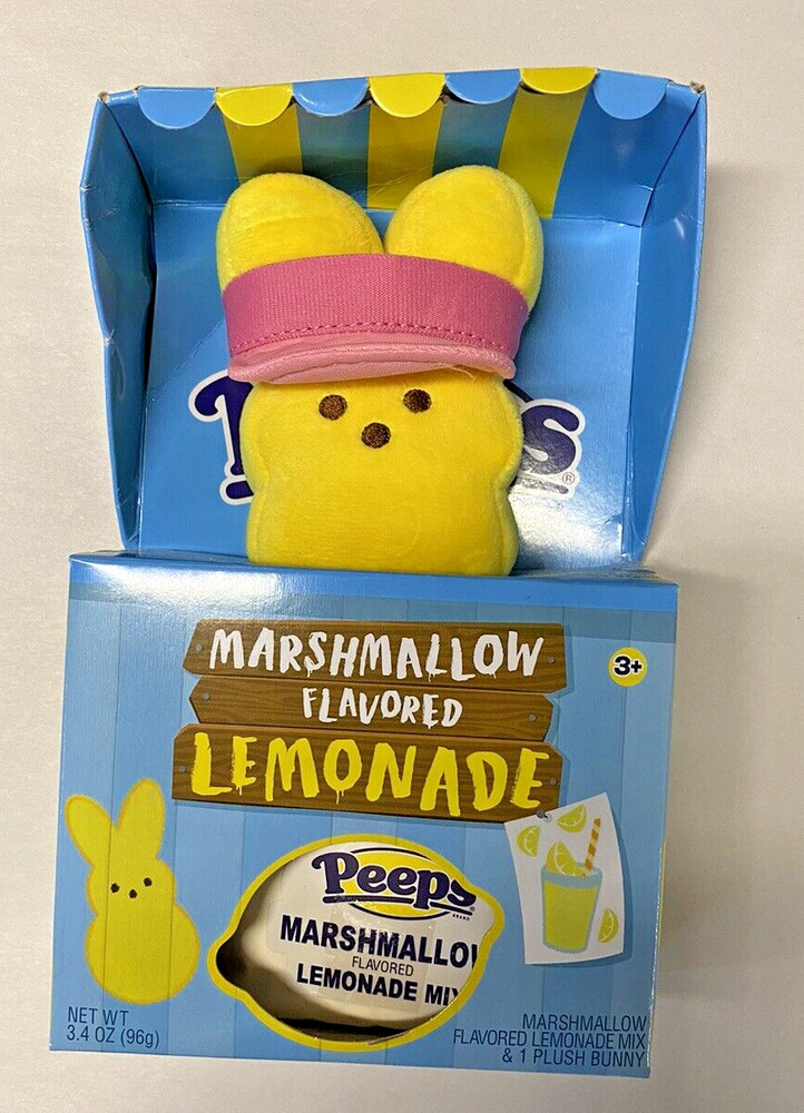 Peeps Marshmallow Lemonade Mix & Plush Easter Gift Box Stand Yellow Pink Hat NIB