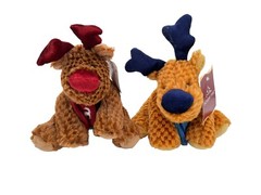 Lot 2 Holiday Time Plush Moose Wearing Scarf Red Blue Floppy Bean Bag 7”
