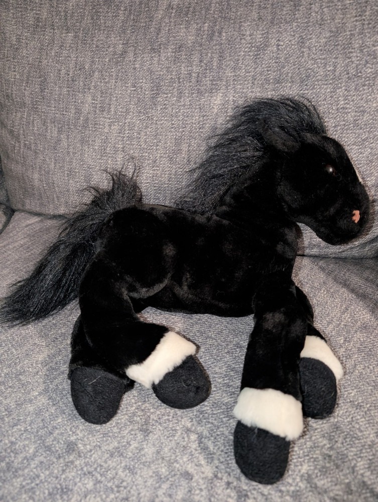 Toys R Us Animal Alley Black Horse Pony Plush (2000) – White Blaze – Retired 14″