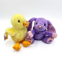 Petco Paw Pals Bean Bag Plush Purple Bunny Yellow Duck Chick Beanie VTG Lot 2x